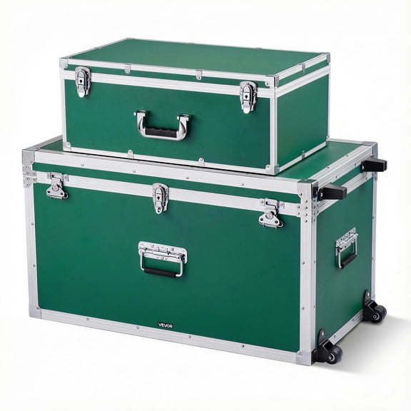 VEVOR Metal Storage Trunk, Set of 2, Wooden Suitcase Storage Boxes with Padlocks, Large Trunk Includes Casters & 3 Metal Handles, Decorative Store Chest with Lids for Travel, Apartment, Dorm, Green