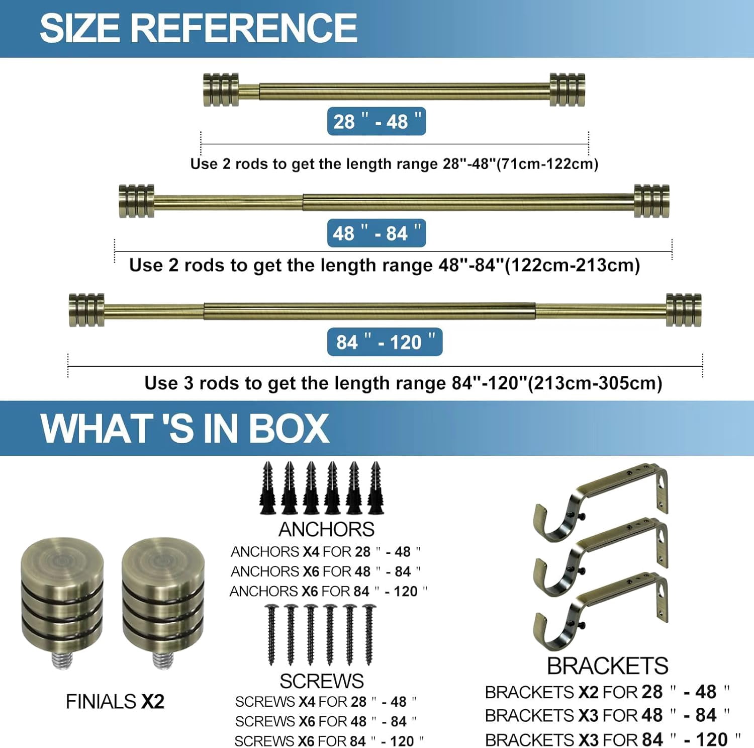 Urbanest Adjustable Single Curtain Rod Set Aspire Finials – 5/8-Inch Diameter, With Antique Brass Rod, 48–84 Inches