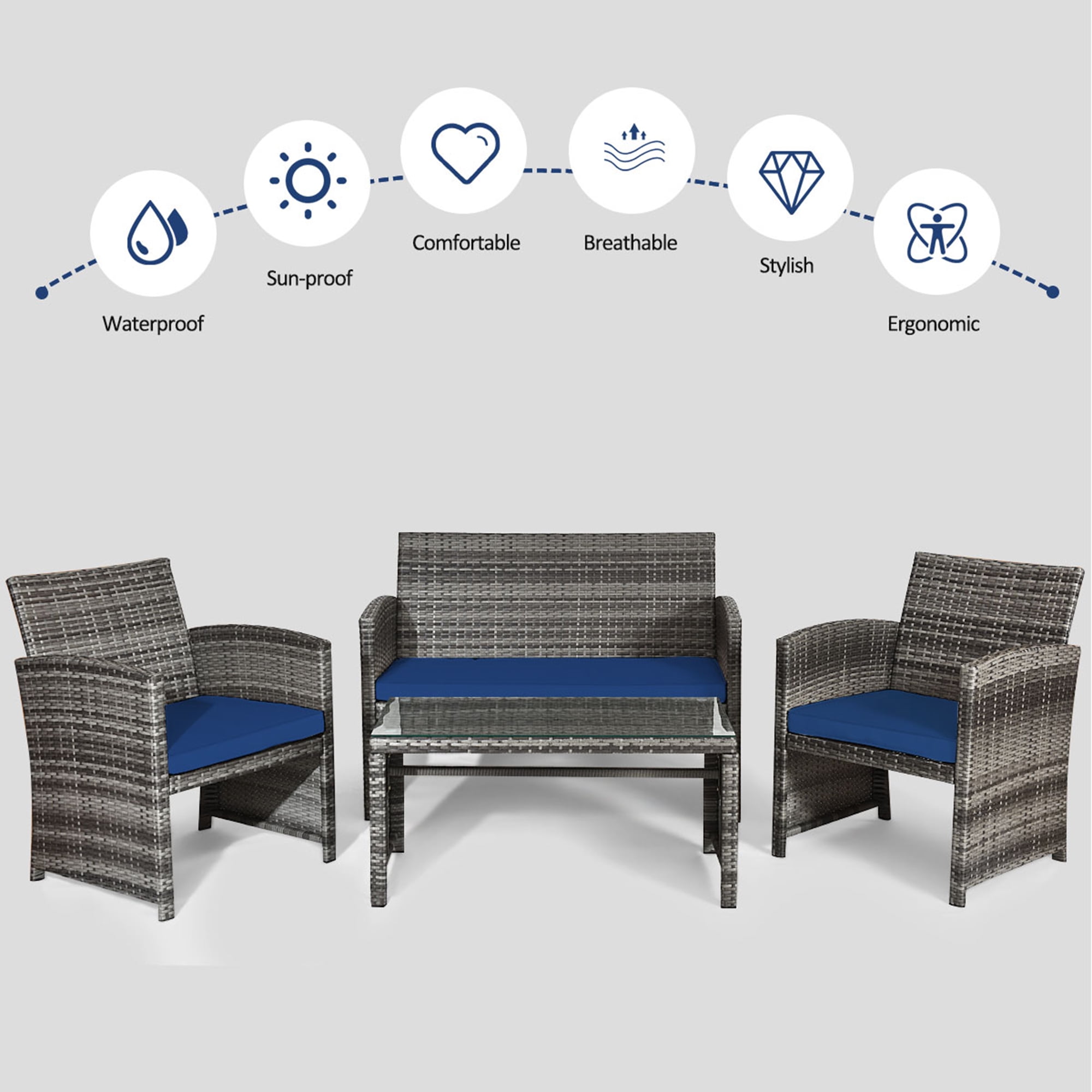 Gymax 8PCS Patio Outdoor Rattan Conversation Furniture Set w/ Navy Cushion