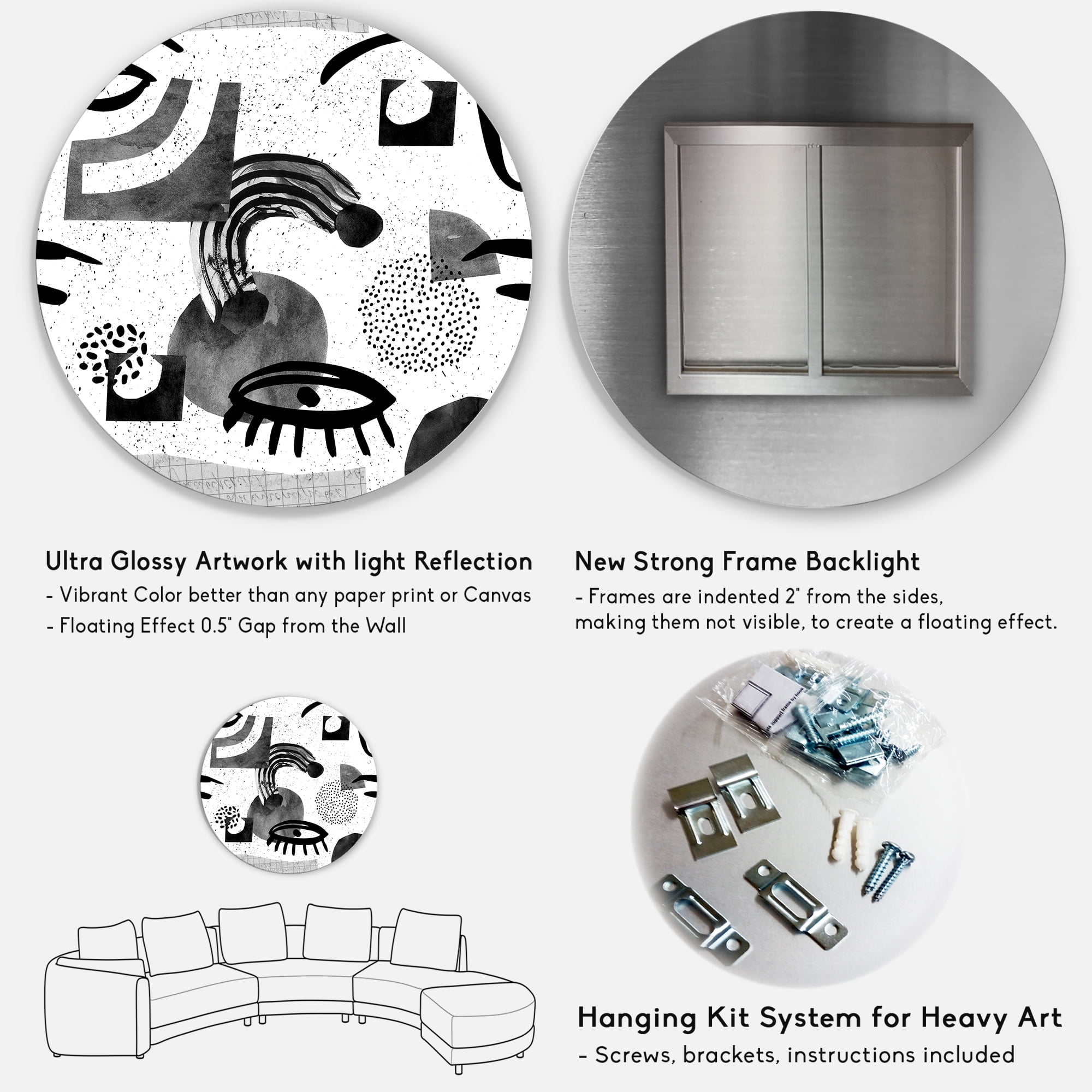 Designart 'Collage of Eyes And Doodles In Contemporary Style II' Modern Circle Metal Wall Art 36x36 - Disc of 36