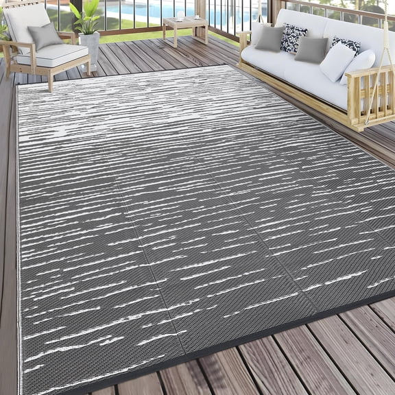 Hasoo 5' x 8' Gray/White Outdoor Rug for Patio Decor Waterproof Plastic Straw Modern Geometric Carpet PP Tube Woven Portable Camping Mat for Picnic Balcony