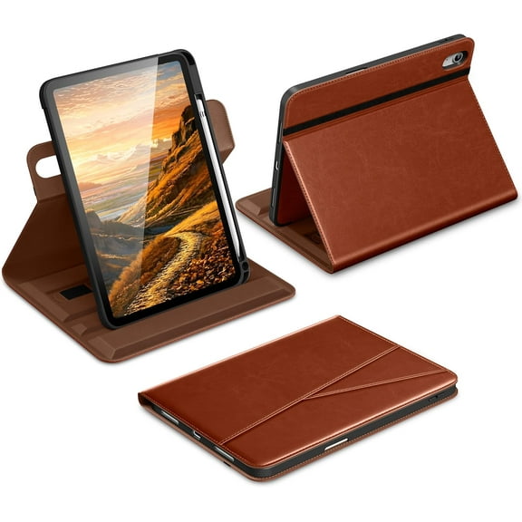 for iPad A16 Case, iPad 11th / 10th Generation Case (2025/2022), 360 Degree Rotating Premium Leather Folio Stand Cover with Pencil Holder, Brown