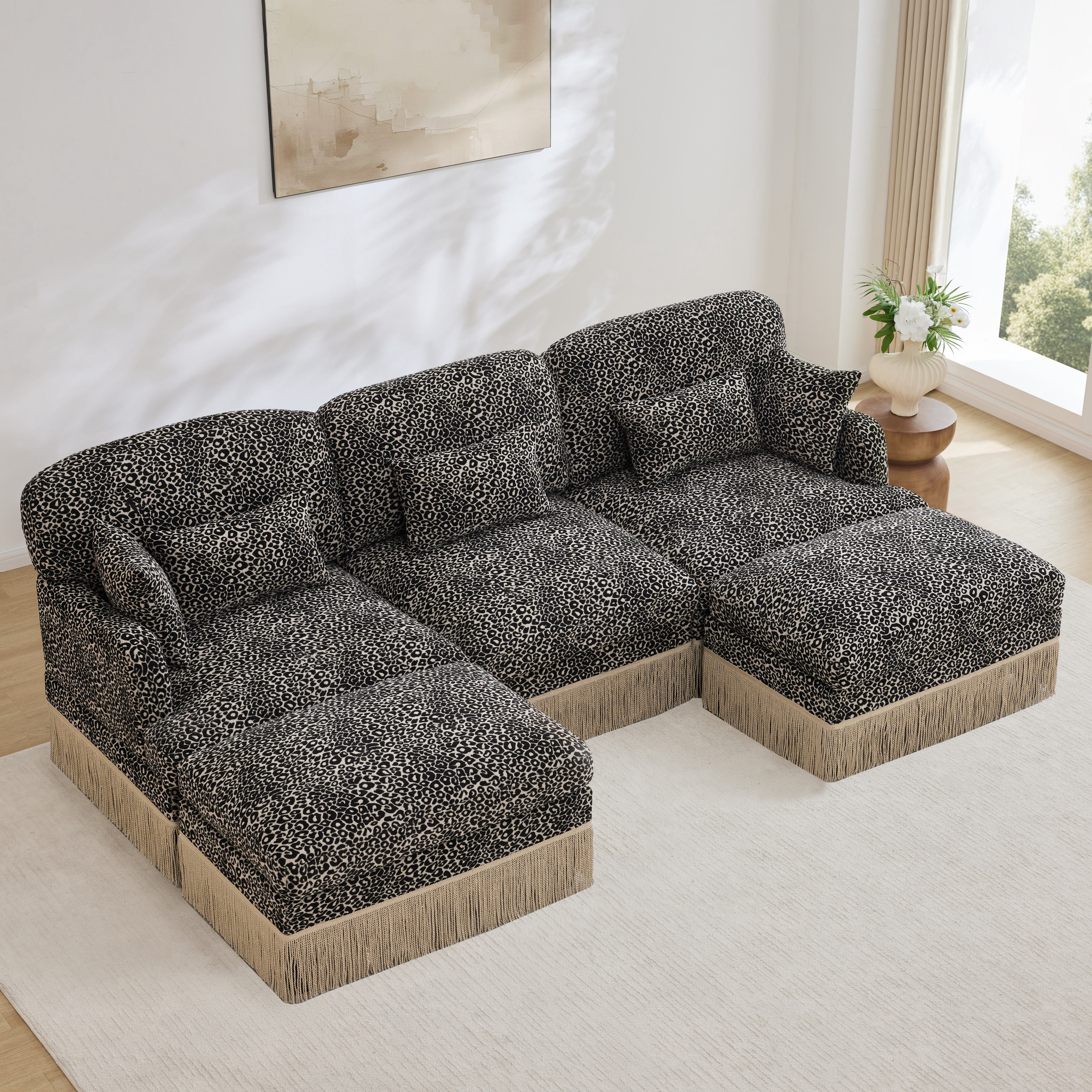 100" Chenille Leopard Tassel Deep Seat U Shape 3 Seater Modular Sofa Couch with 5 Throw Pillows and 2 Ottoman