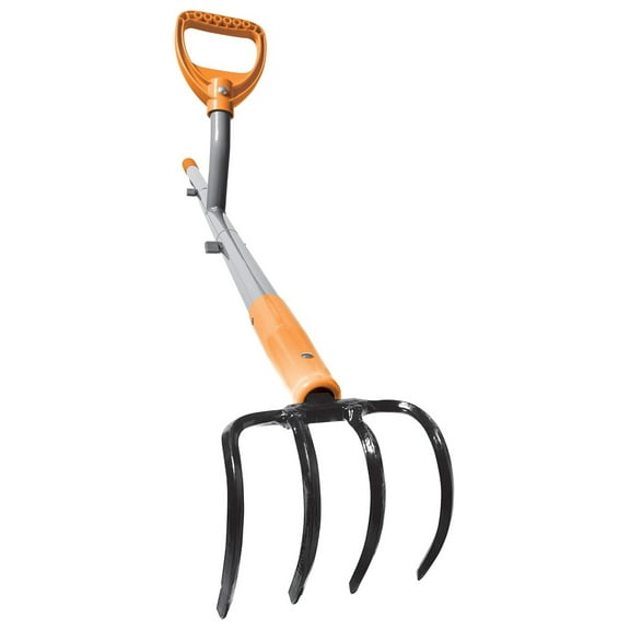 ErgieShovel ERG-CLTV45 w/54, 5-in-1 Impact Resistant Garden Soil Cultivator w/ 5-in-1 Piece Forged Steel Head, 4-Tine, 54-Inch Shaft, w/Patented Ergonomic Second Handle, Gray/Orange Cultivator Rake