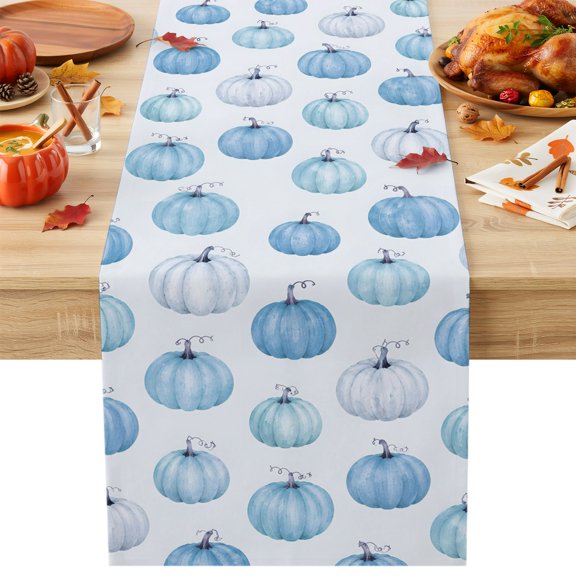Thanksgiving Fall Cotton Linen Table Runner Rustic Minimalist Sky Blue Pumpkin Dining Table Runners for Home Decor Party Dining Room Restaurant Kitchen Party 13" x 48"