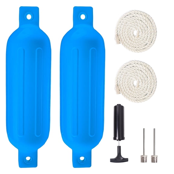 VANCUS Blue Boat Fenders 2 Pack, 4.5 x 16 inches Ribbed Twin Eyes Boat Bumpers Fenders for Docking, Comes with Ropes Needles and Pump to Inflate