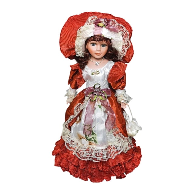 Muñeca de porcelana de 41 cm, figura de niña, decoración de mesa, decoración del hogar, cerámica elegante. Rojo burdeos
