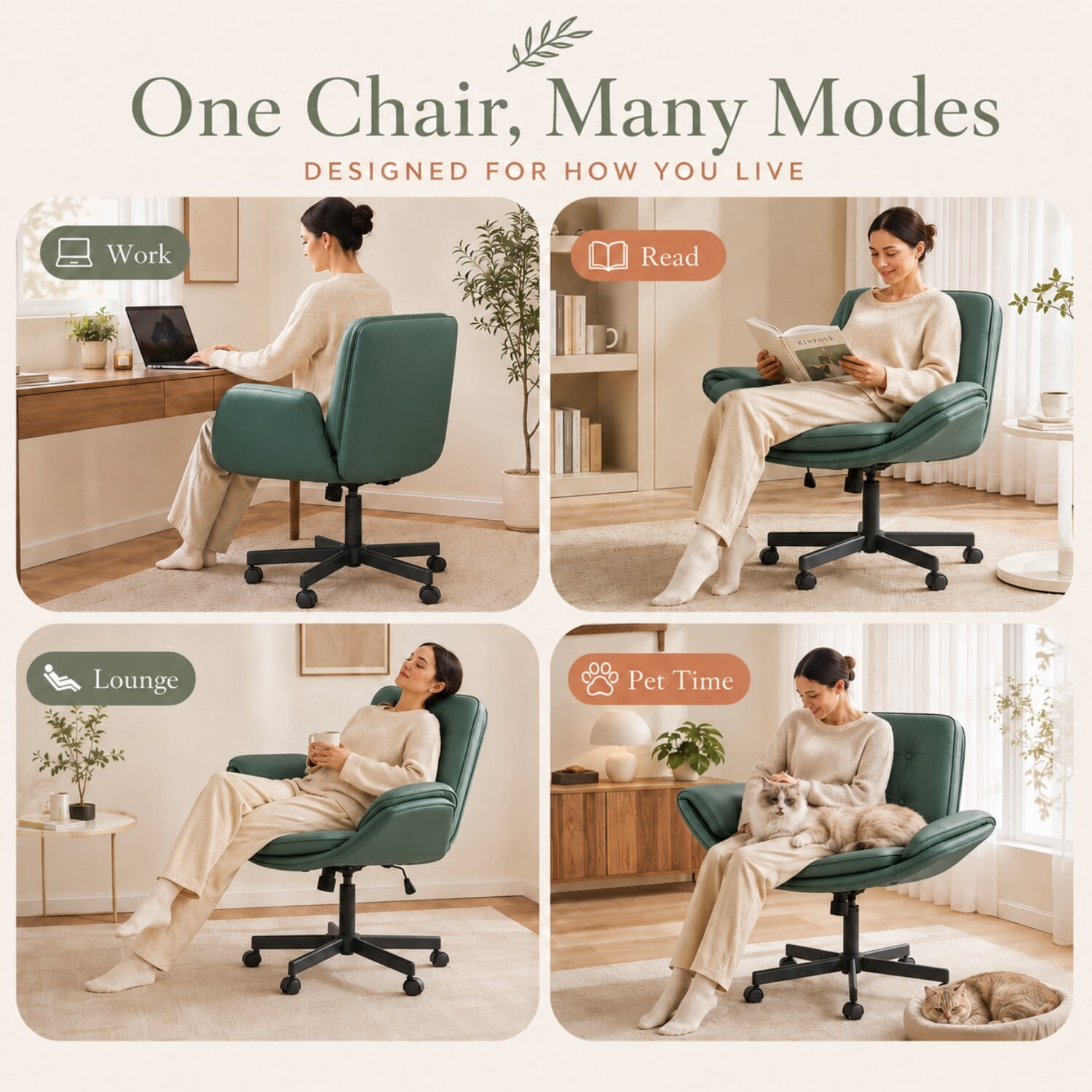 Easy4Home Criss Cross Office Chair with Wheels and Adjustable Armrests, Wide Seat PU Leather Swivel Computer Desk Chair, Dark Green