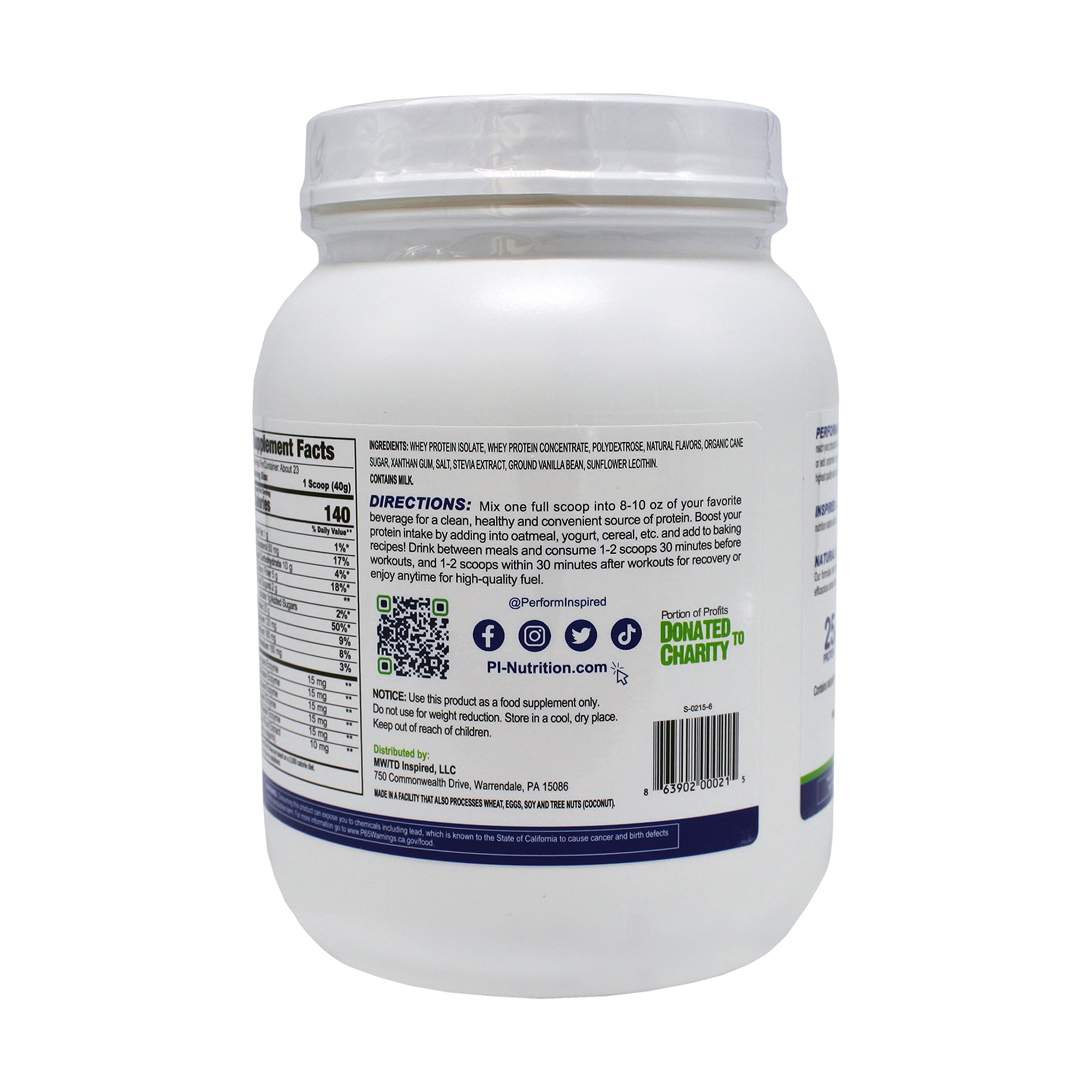 Performance Inspired Nutrition - Whey Protein Powder - All Natural - Digestive Enzymes - Fiber Packed - Vanilla Bean - 2 lbs
