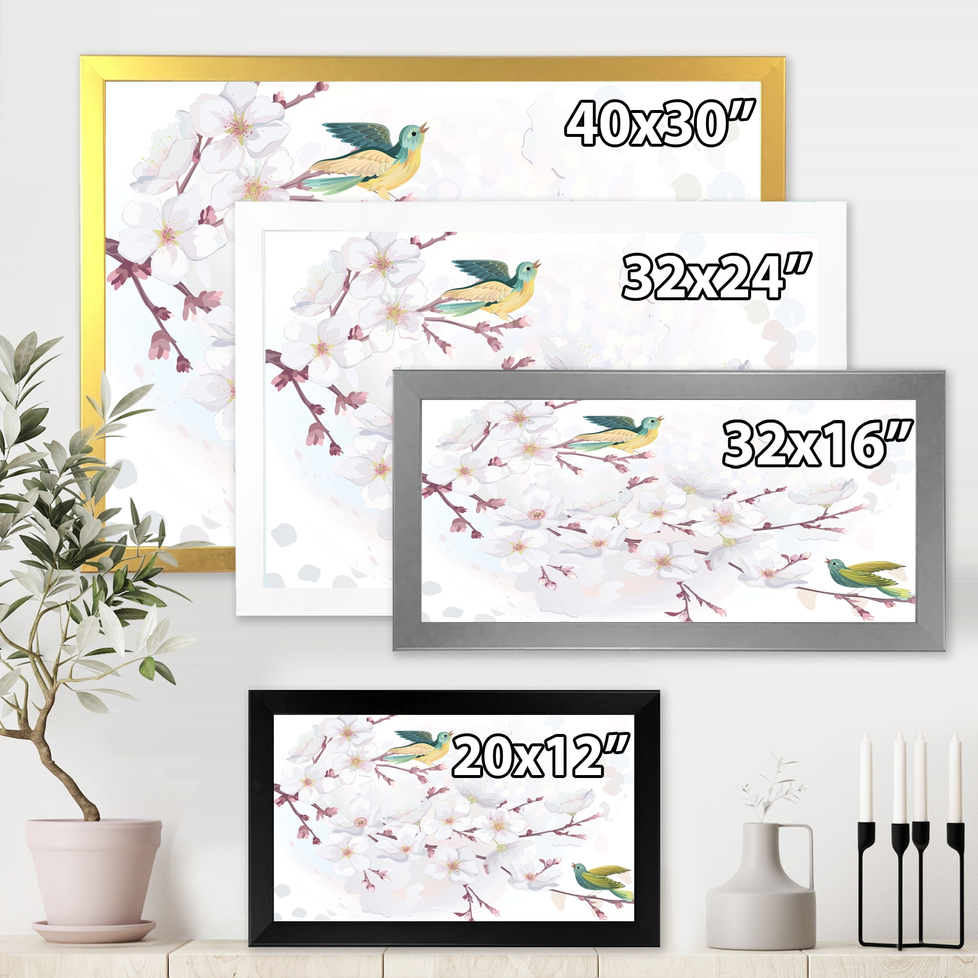 Designart 'Blossoming Cherry Tree and Birds' Traditional Framed Art Print