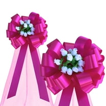 Fuchsia Pull Bows with Tulle Tails and White Rosebuds - 8" Wide, Set of 6, Valentine's Day, Breast Cancer Awareness, Wedding