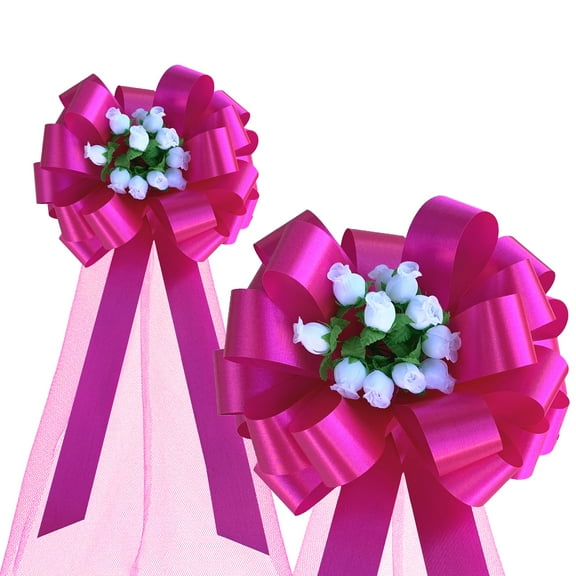 Fuchsia Pull Bows with Tulle Tails and White Rosebuds - 8" Wide, Set of 6, Valentine's Day, Breast Cancer Awareness, Wedding