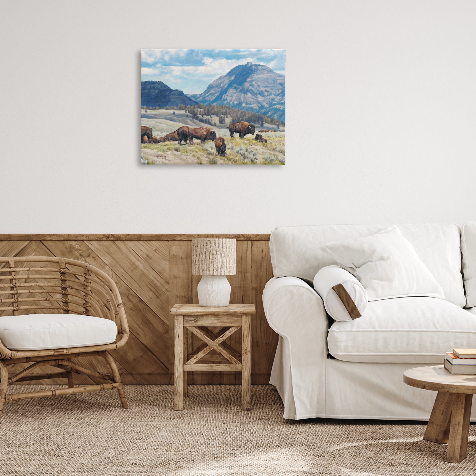Stupell Industries Sunny Afternoon Bison Landscape Painting Gallery Wrapped Canvas Art Print Wall Art, 30 x 24
