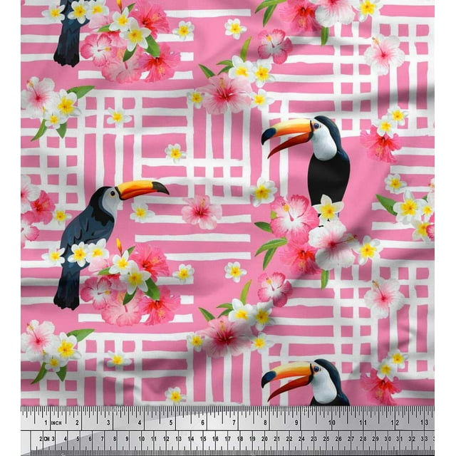 Soimoi Pink Rayon Fabric Floral & Toucan Bird Print Fabric by The Yard 56 Inch Wide
