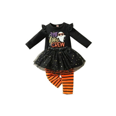 

Toddler Baby Halloween Clothes Suit Set Cartoon Patters Print O-Neck Long Sleeve Tops+Mesh Tutu Skirt+Pants
