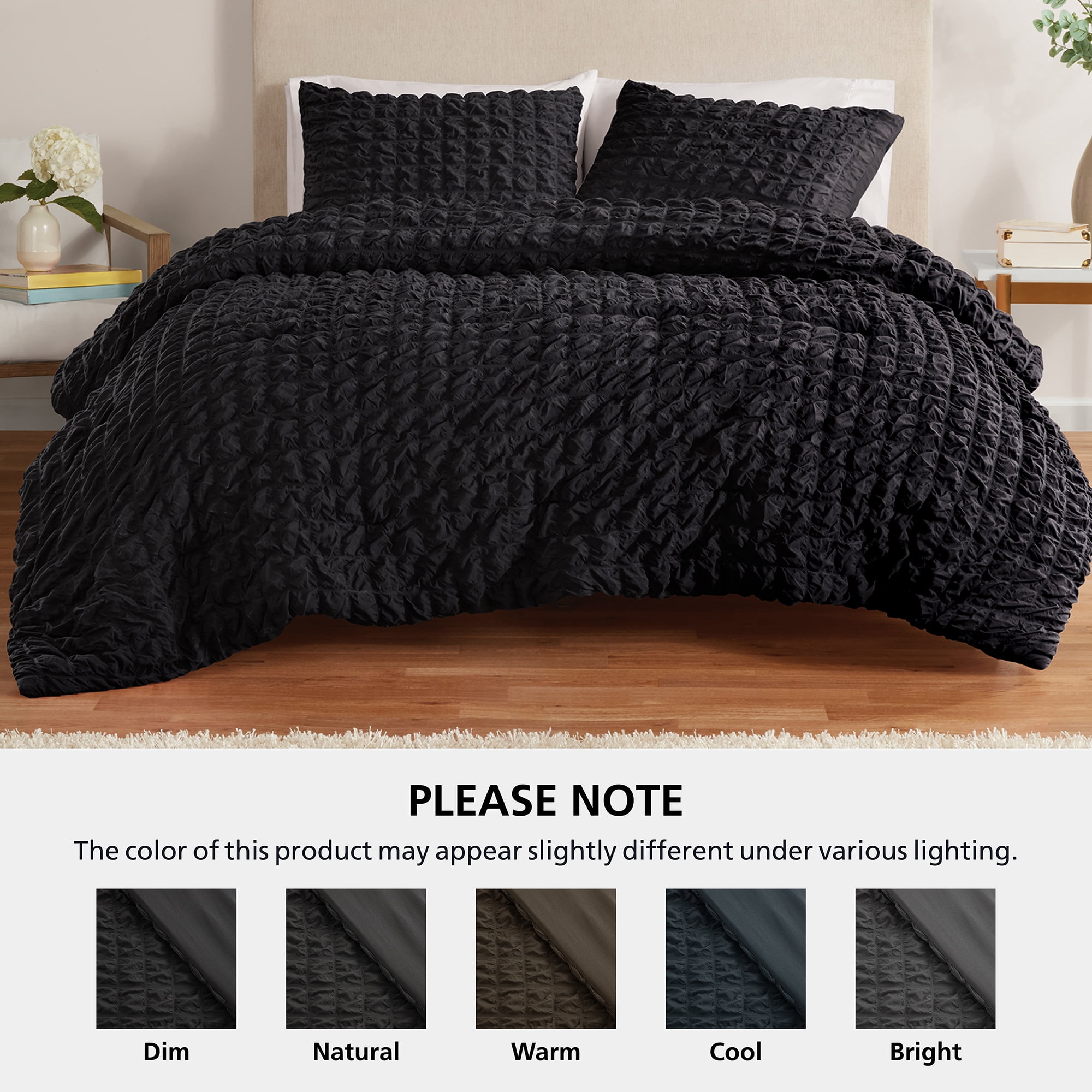 Mainstays King 3-Piece All-Season Comforter Set, Black Puffy Seersucker