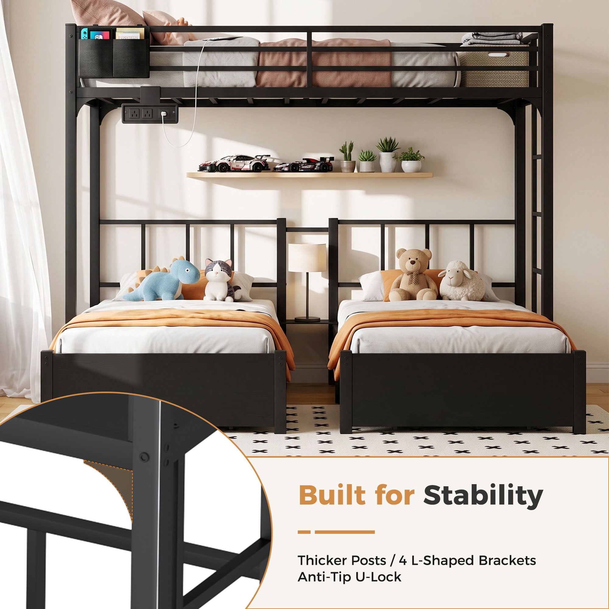 Miniyam Triple Bunk Bed with 2 Storage Drawers, Twin Over Twin Over Twin XL, LED Light and Power Strip, Black