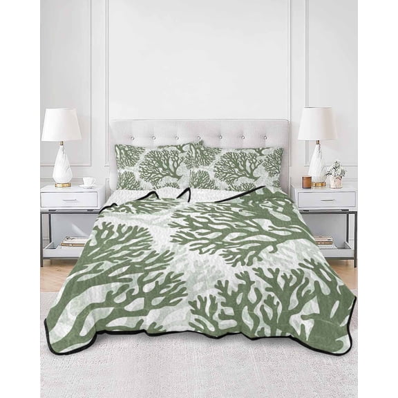 Quilts King Size, Dark Sage Green Coral Coastal Soft Comforter Bedding Set for Bed, Summer Beach Nautical Ocean Lightweight Quilted Bedspread with Pillow Cover(2 Pieces) for All Season, 96x106 Inch