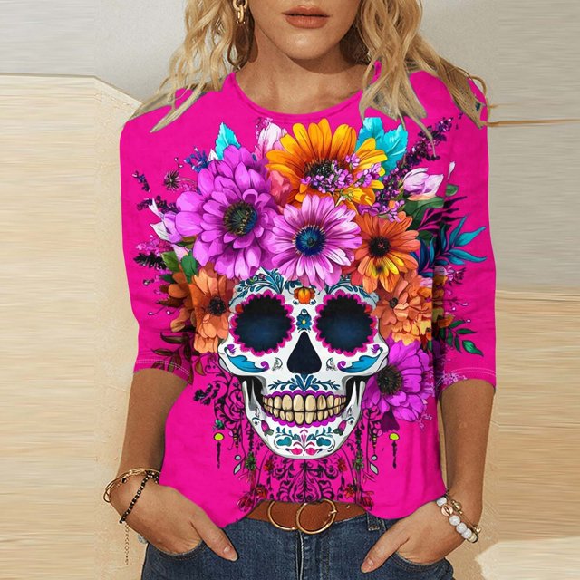 QIPOPIQ Hauts pour Femmes Chemises à Manches 3/4 Col Rond Blouses Amples Décontractées T-Shirts de Festival à Imprimé Floral Liquidation