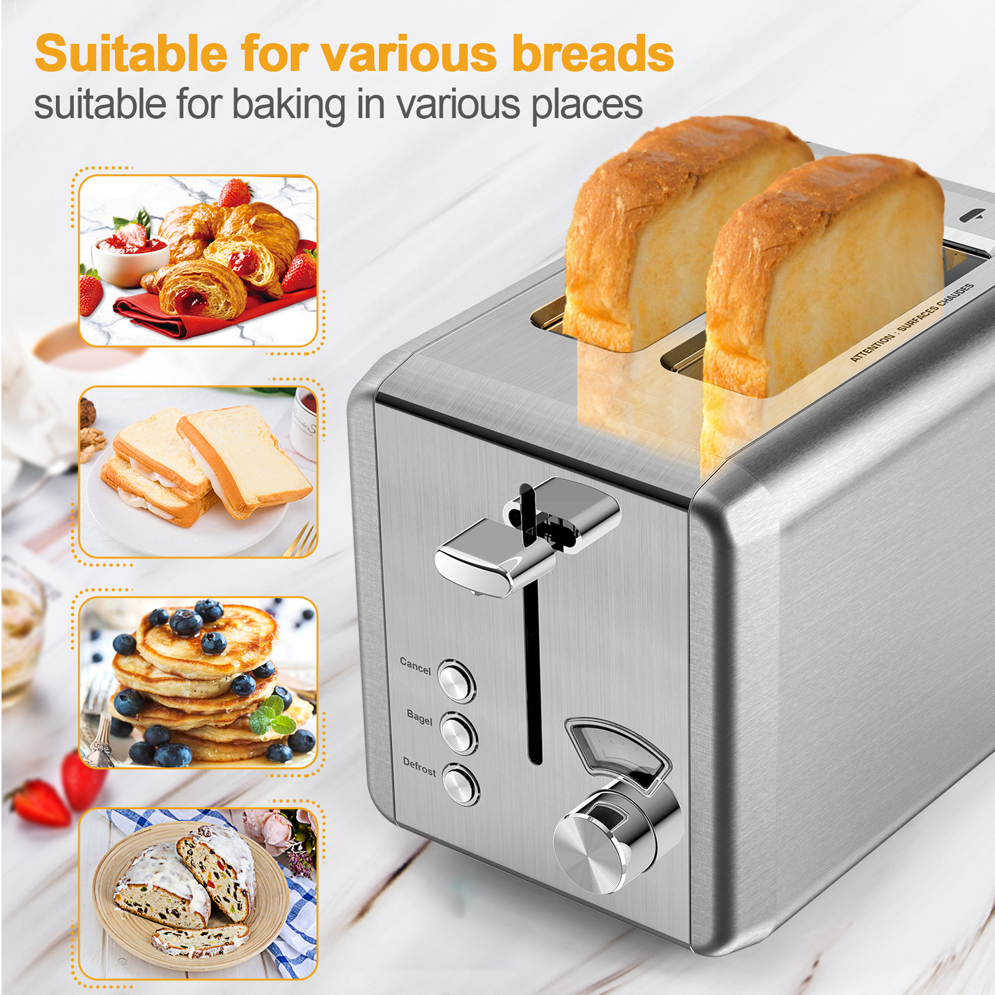 WHALL 2-Slice Stainless Steel Toaster with Wide Slot, Silver photo 3