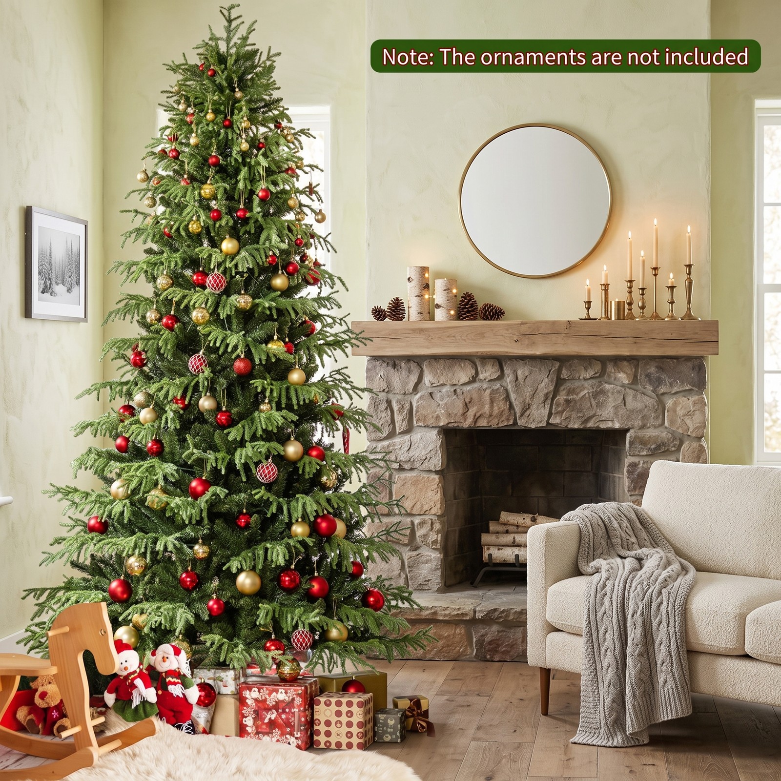 RUIE 8 FT Artificial Christmas Tree with 470 Warm White LED Lights, Pre-Lit Hinged Xmas Tree with 1470 PVC Mixed Branch Tips and Folding Metal Stand for Holiday, Green