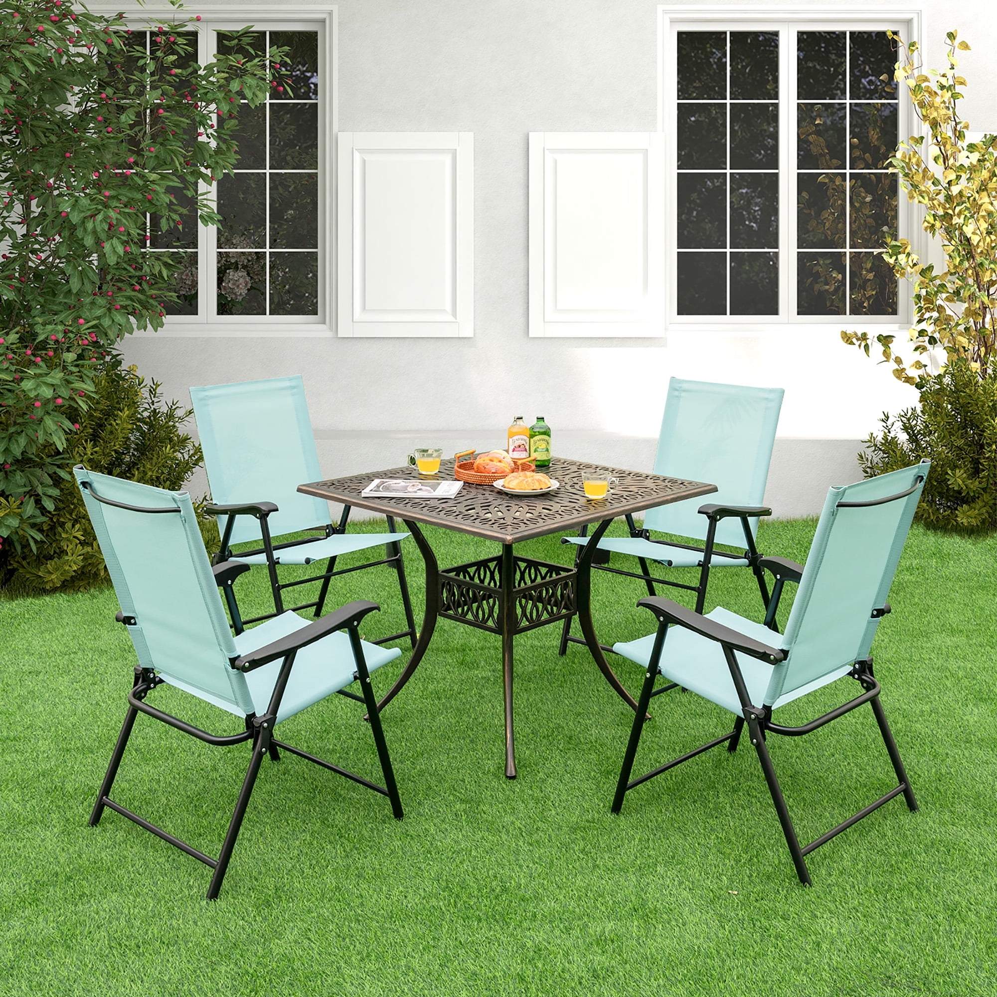 Costway Patio 4pcs Folding Sling Back Chair Portable Armrests Metal Outdoor Dining Green