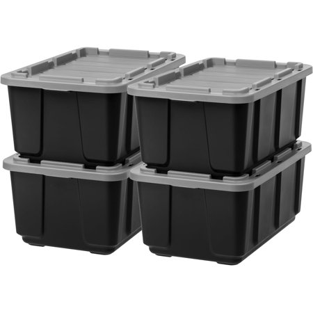 27 Gallon Large Heavy Duty Storage Bins with Lids, 4 Pack - Made in USA, Snap On Lid Stackable Industrial Tough Totes, Rugged Tubs, Garage Organization, Rugged Reusable Boxes - Black/Gray