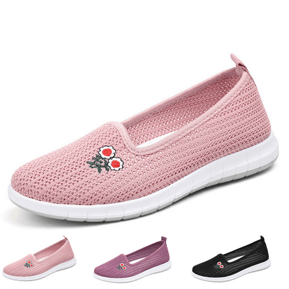 CHICVOMEY Women's Slip-On Walking Shoes Breathable Mesh Sneakers with Embroidery Non-Slip Soft Sole Wide Toe Comfort for Standing Work Travel Lightweight Casual Shoes for Women