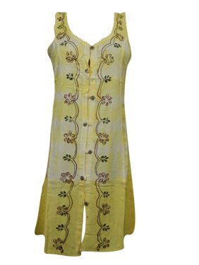 Mogul Women Yellow Dress Floral Embroidered Sleeveless Rayon Tank Dress