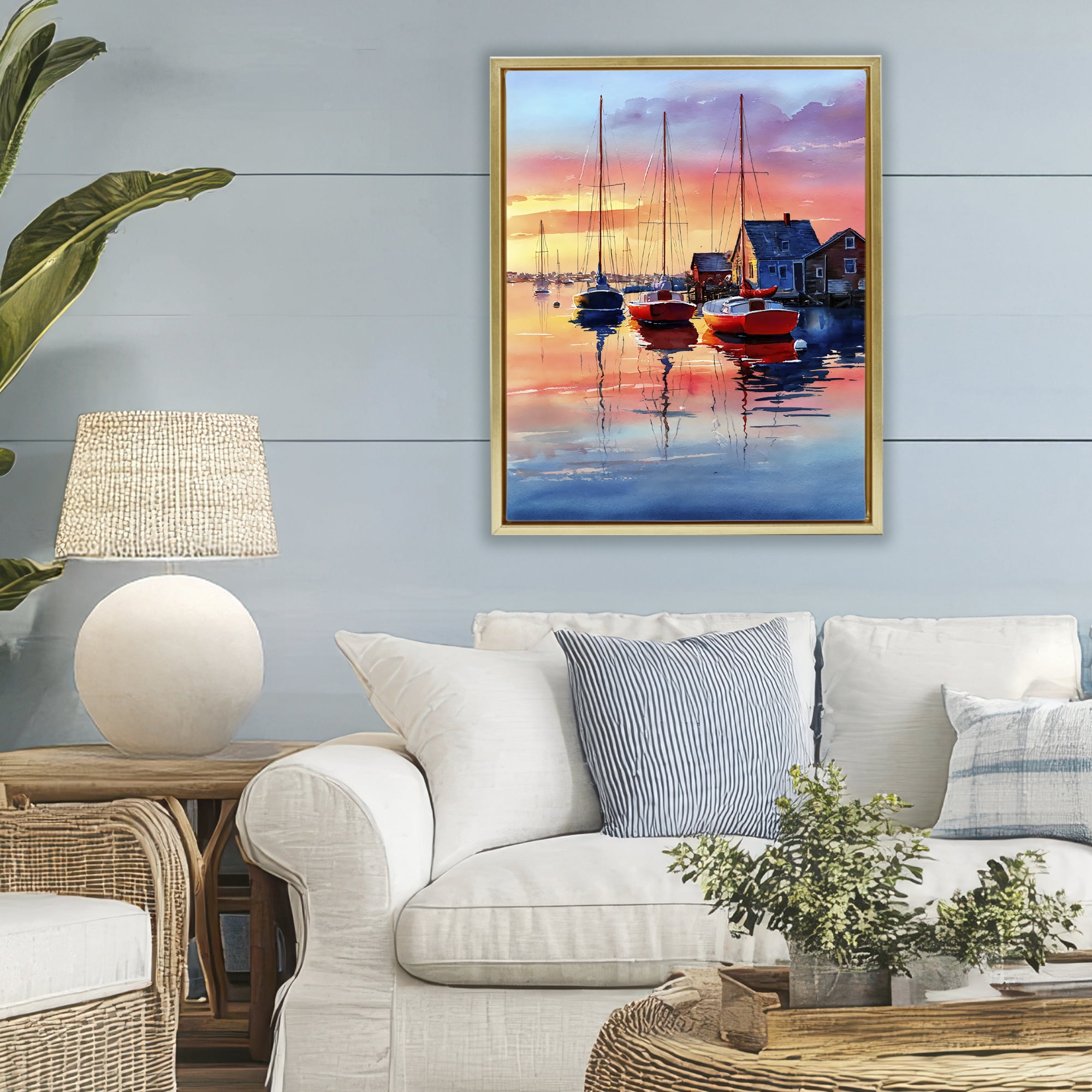 Stupell Industries Vivid Sunset at Docks Gold Framed Floater Canvas Wall Art, design by Franklyn Gregory