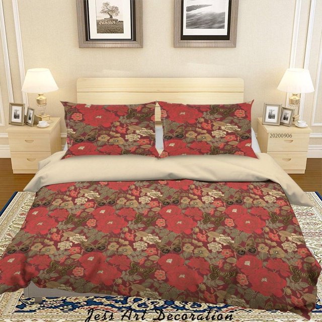 3D Vintage Hojas Rojo Floral Patrón Funda de edredón Juego de Ropa de Cama Funda Nórdica