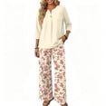 thumbnail image 6 of Vintage Sunflower Sketch Print Two Piece Set for Women, 3/4 Sleeve Button Down Top & Wide Leg Pants - Boho Casual Lounge Outfit with High Waist Trousers Beige L, 6 of 7