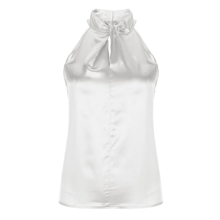 【usagi】HALTER HIGH NECK CAMISOLE TOPS Honeeladyy Womens High Mock Neck Satin Halter Tops Solid Color