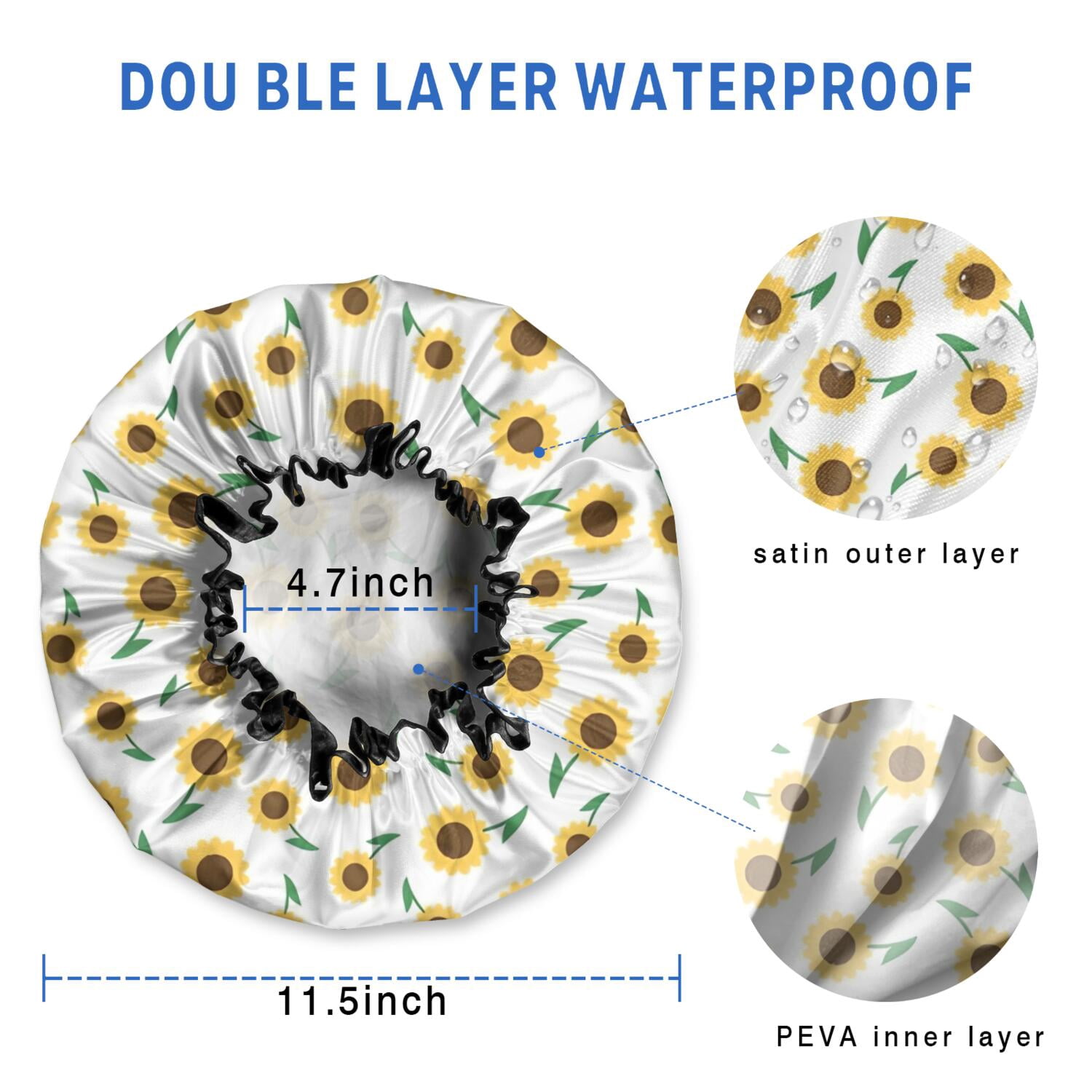 Shower Caps,White Green Stem Sunflower Pattern Waterproof Shower Cap for Women 4 Pieces,Double Reusable Hair Cover for Shower PEVA Elastic Stretch Hem
