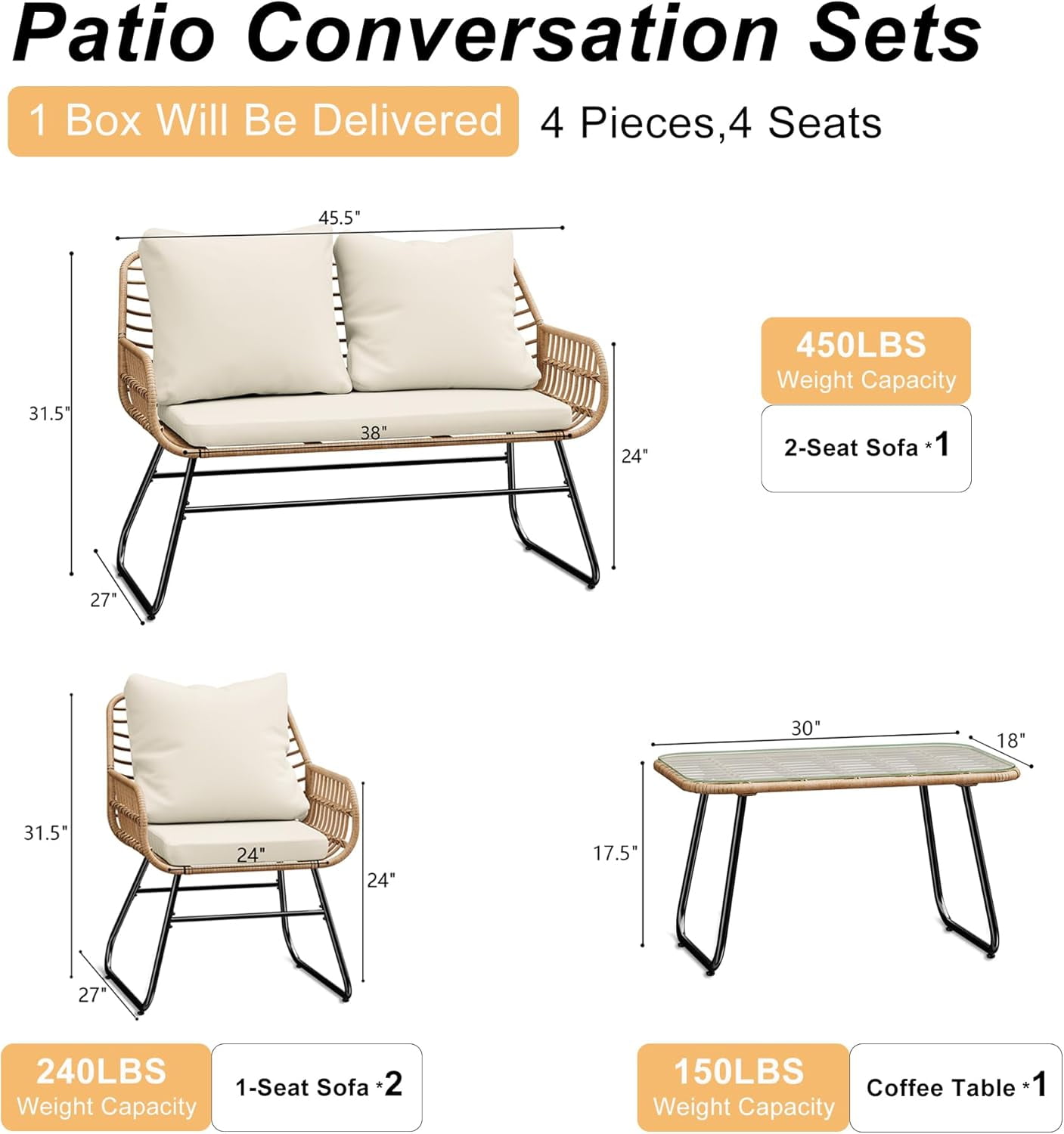 LHBcraft 4-Piece Outdoor Patio Furniture Set - All-Weather Wicker Conversation Set with Cushions & Tempered Glass Table