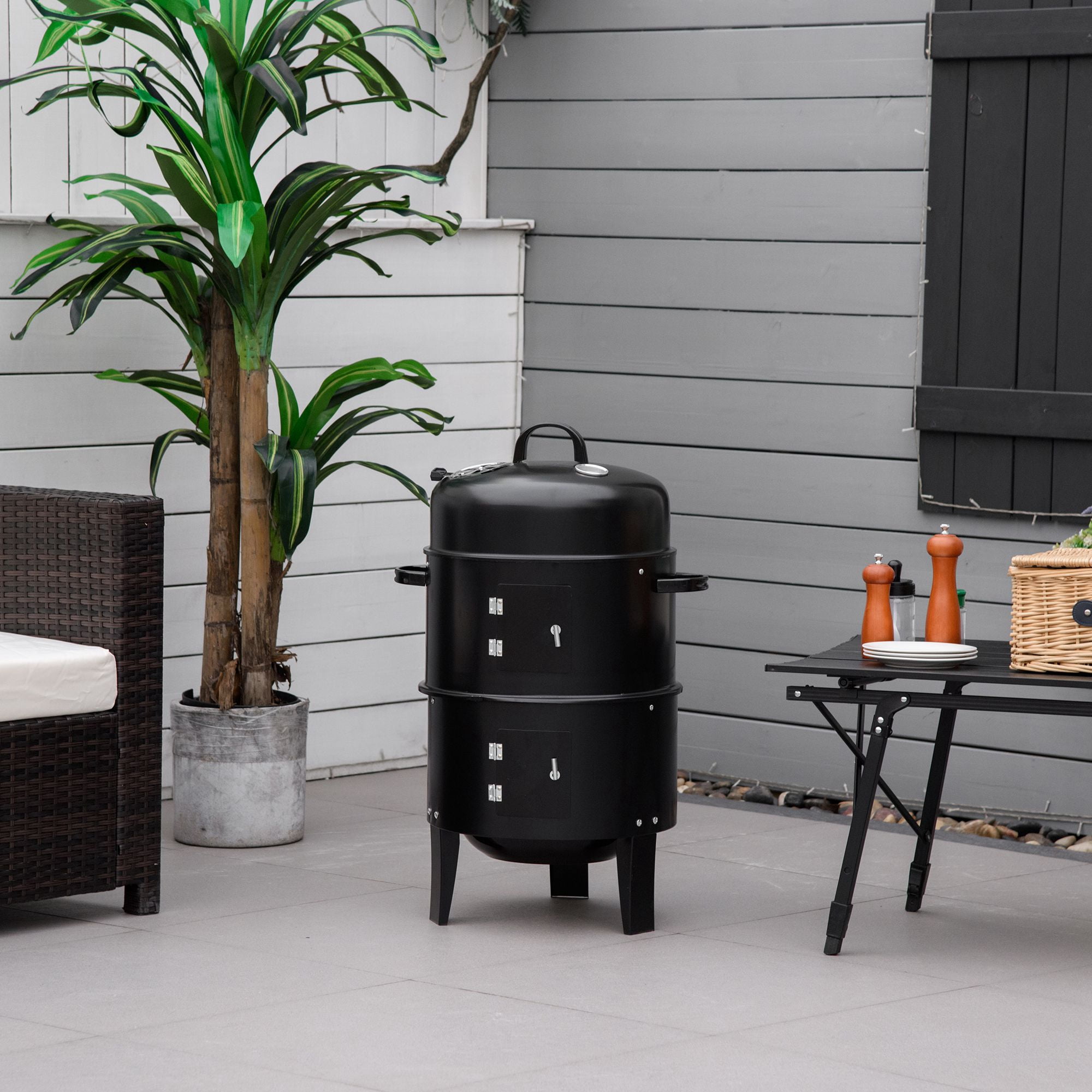 Outsunny 3-in-1 Vertical Charcoal Smoker Grill, 16" BBQ Grill and Outdoor Fire Pit with Dual Cooking Grates, Thermometer, Adjustable Air Vents, Black