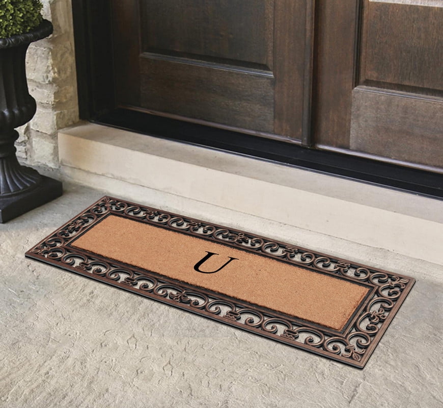 A1 Home Collections Natural Coir and Rubber Paisley Monogrammed Heavy Duty Front Porch Entry Doormat, Bronze, 48 in x 18 in