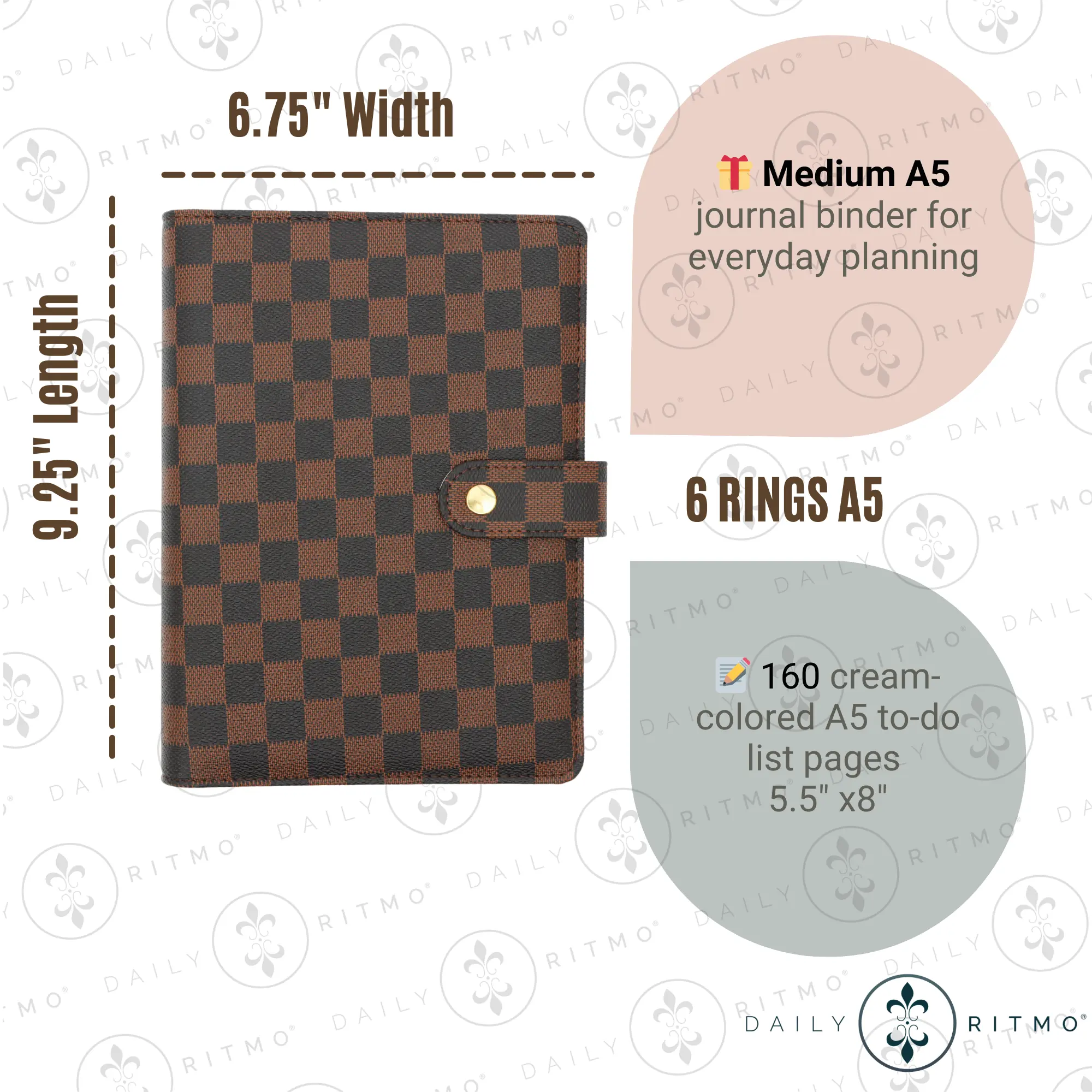 DAILY RITMO A5 Checkered Planner 6-Ring - PU Leather Binder Cover with 160 Pages of Daily To Do List