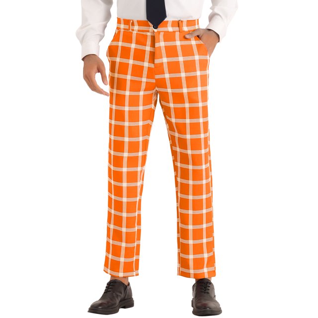 INSPIRE CHIC Plaid Pattern Pants for Men's Slim Fit Flat Front Work Office Checked Trousers Orange 30