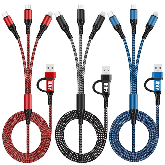 6 in 1 Multi Charging Cable LHJRY 3Pack 4ft Multiple Charge Cord USB A/C to Phone USB C Micro USB Connector Fast Charging Cord Compatible with Cell Phones Tablets and More - (Red,Black,Blue)