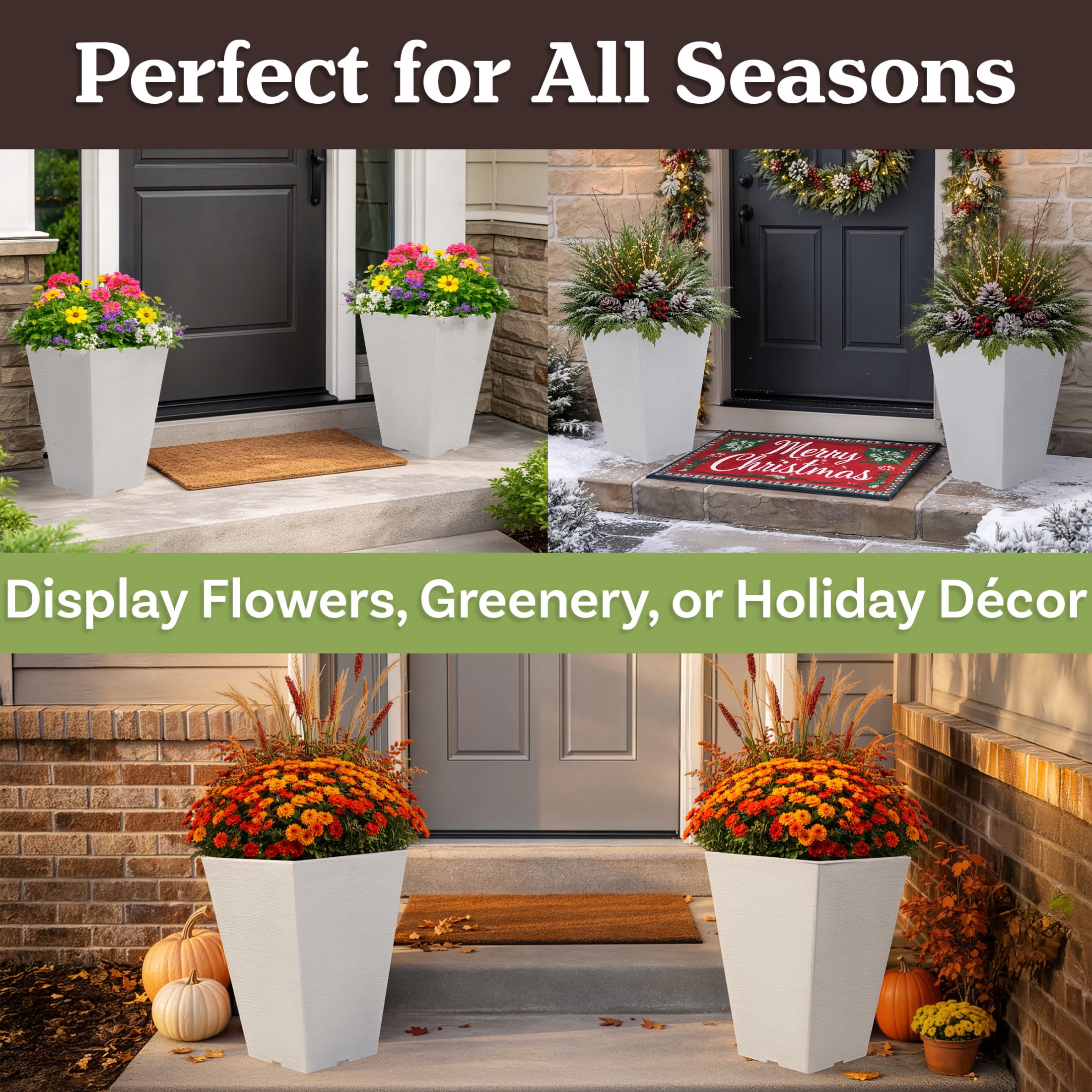 Pure Garden Large Outdoor Planters 2-Pack - 13.75” Tall Planters for Outdoor Plants or Indoors, White