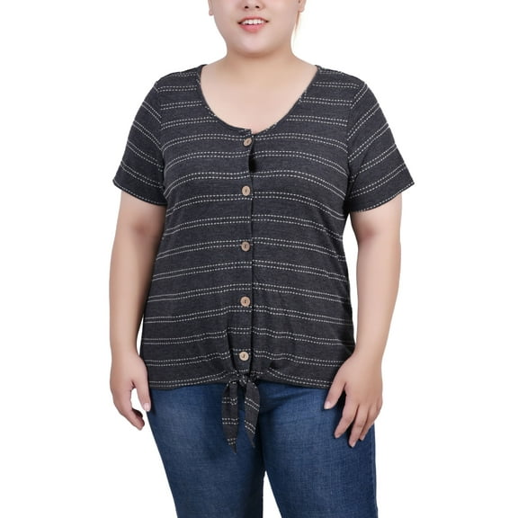 NY Collection Plus Size Short Sleeve Tie Front Top Black 1X