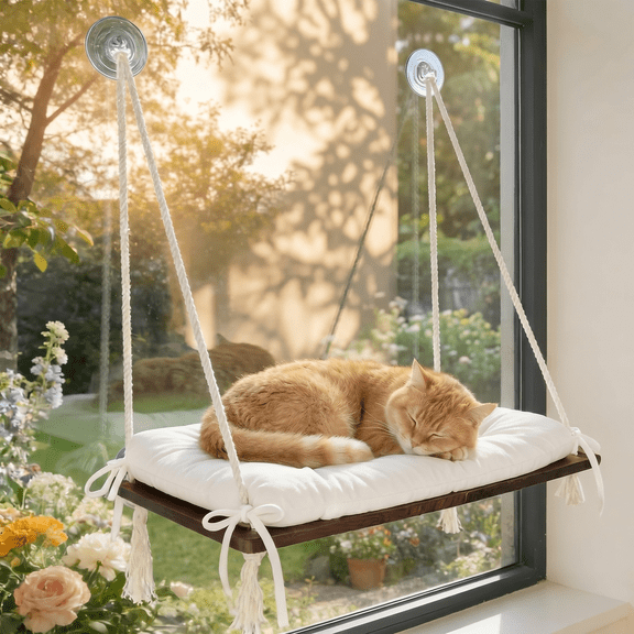 Cat Window Perch for Indoor Cats, Wooden Cat Bed for Window with Washable Cushion, Hanging Cat Hammock Suitable for Small-to-Large Cats