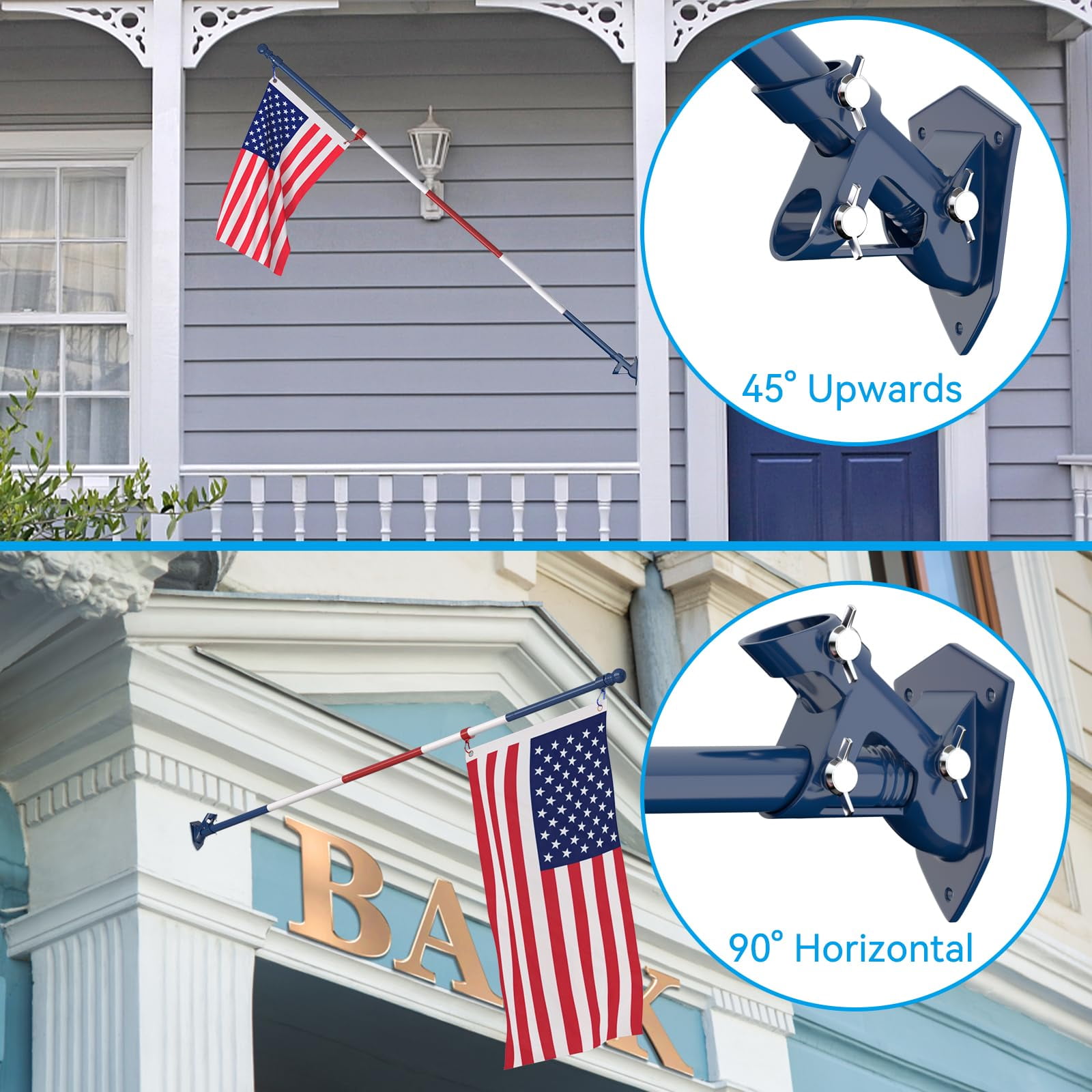 FIASON 1 Pack 6 FT Blue/White/Red Stainless Steel Tangle Free Wall-Mounted Flag Pole with Upgraded Bracket, Flag Pole Kit for Outside House, Residential or Commercial for American Flag (Without Flag)