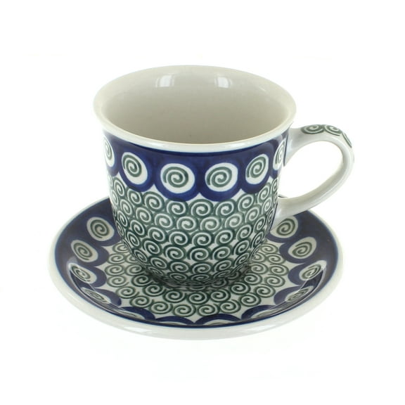 Blue Rose Polish Pottery Peacock Swirl Cup & Saucer