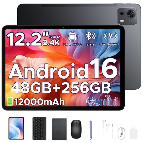 POCKAM P12 Plus Android Tablet, 12.2" 2.4K IPS Tablet, 48GB RAM (12GB 36GB Extended) 256GB ROM, Android 16, 120Hz, 12000mAh, 13MP 8MP Camera, 5G WiFi, Tablet with Keyboard, Pen, Headphone