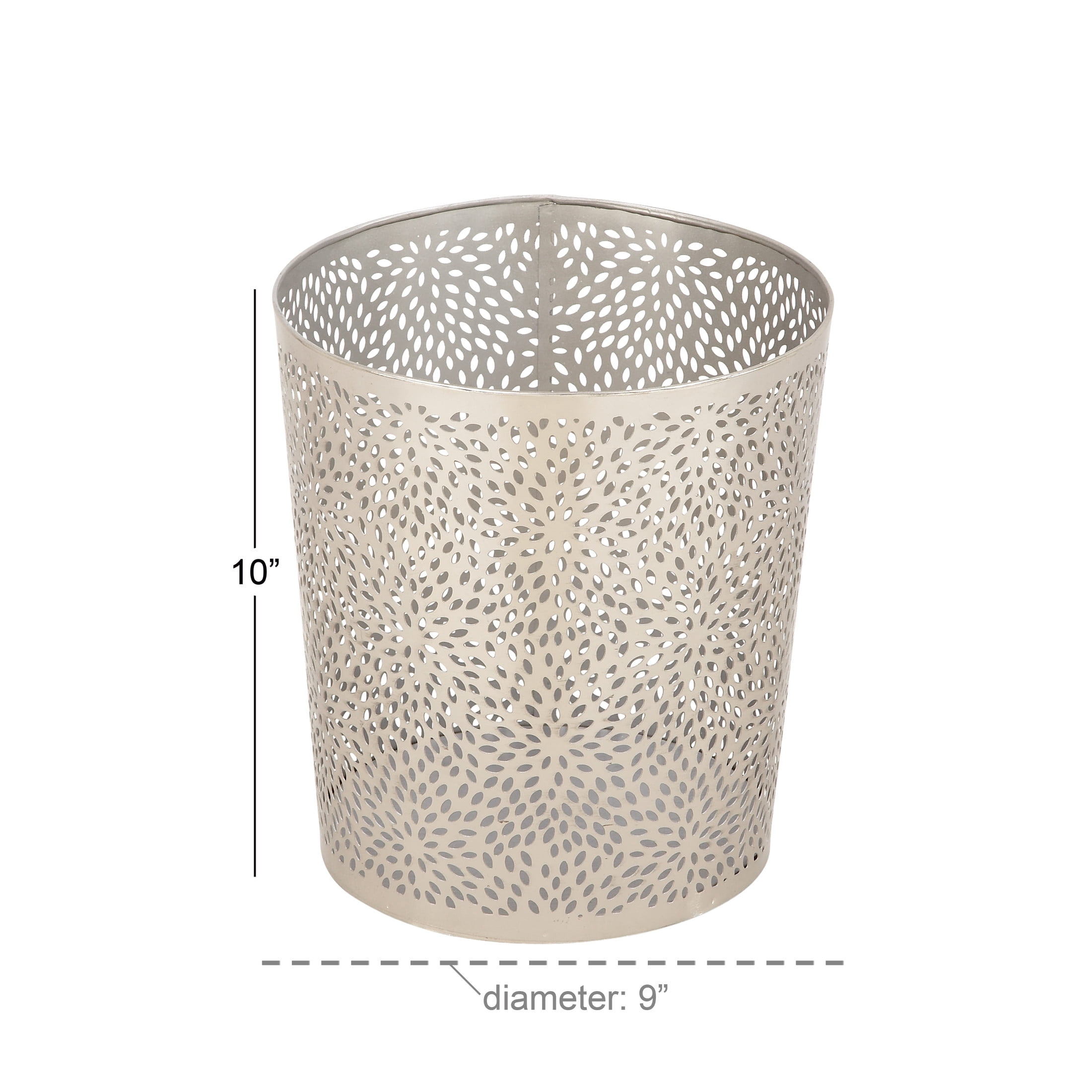 CosmoLiving by Cosmopolitan 9" x 10" Silver Metal Floral Small Waste Bin with Laser Carved Design, 1-Piece