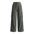 thumbnail image 5 of Womens Loose Wide Leg Cargo Pants Linen-Like Partial Elastic Waist Button Zip Fly Multi Pocket Casual Trousers, 5 of 9