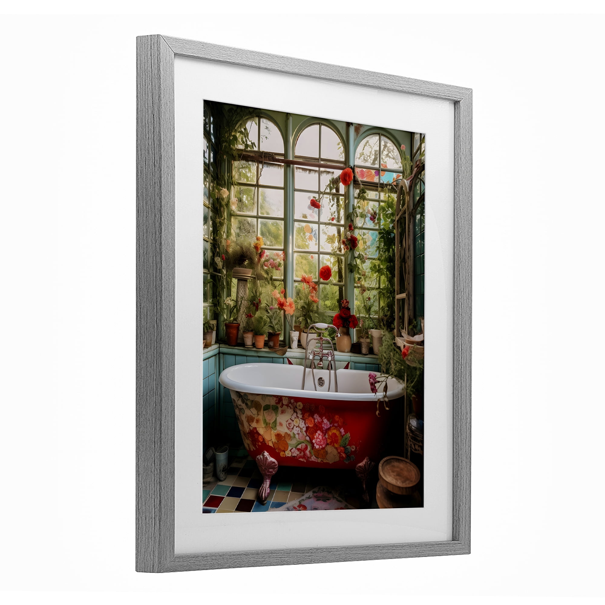 Floral Sunroom Tub Gray Framed Print Under Glass, design by Lettered and Lined