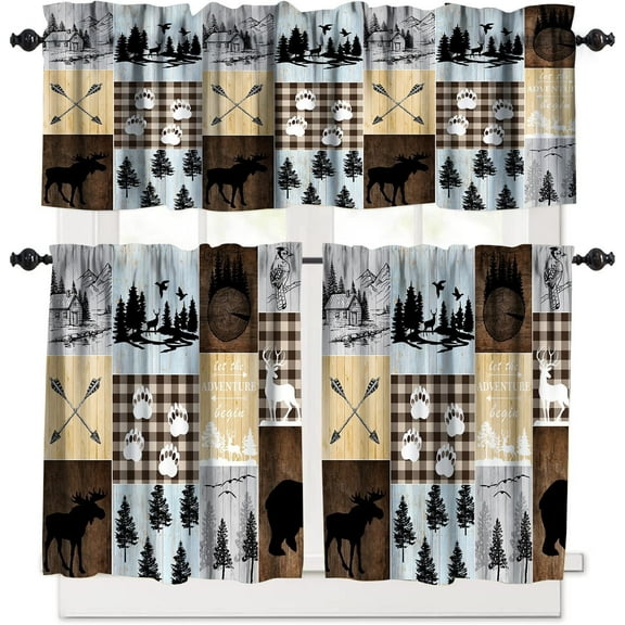 Vintage Country Style Bear Deer Window Valance 3 Piece Set,Forest Tree Animal Silhouette Home Bedroom Living Room Kitchen Window Curtains Valance